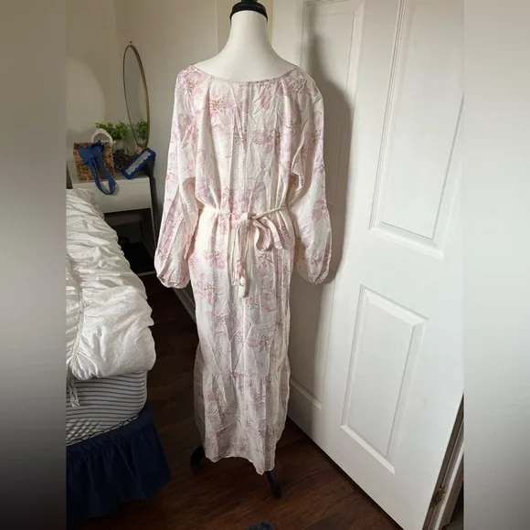 H&M Floral Midi Dress Pink Cream Long Sleeve Tie Waist Size M - Picture 2 of 7